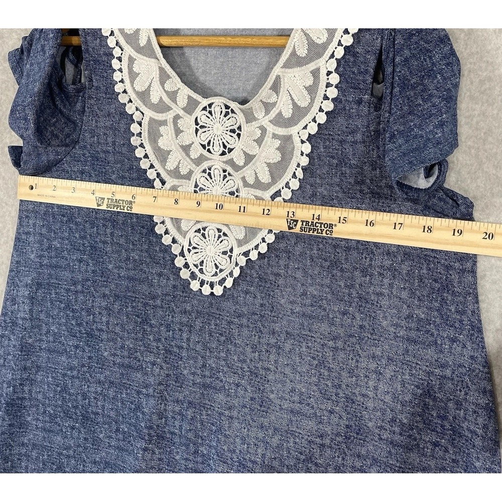 Ava James Women's Large Blouse Blue Lace Peep Shoulder Flutter Sleeve Flowy - Picture 6 of 8